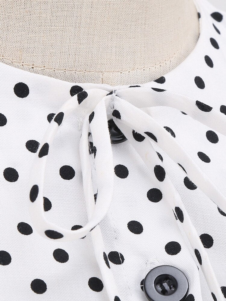 White and Black Vintage Robe Button Front Short Sleeve Polka Dot Prom Women Elegant Belted Pleated Midi Dresses