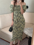 Sexy Long Women Florals Retro Slim Slash Neck New Summer Office Lady Printed Sweet Dress