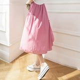 Fashion Bohemian Long Elegant Holiday Summer Casual High Elastic Waist Solid Color White Pink Retro Skirt