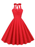 Halter Neck Button 50s Pinup Polka Dot Lace-Up Back Corset Vintage Party Women Backless Cotton Elegant Red Dress