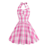 Pink Gingham Halter High Waist Kids Vintage Dresses Summer Backless Party Pleated Princess Dress for Baby Girls