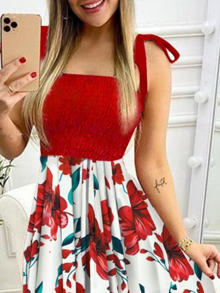 New Summer Strap Stitching Printed Skirt Sleeveless Lady Irregular Tube Top Dress