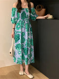 Flowers Slash Neck Dress Lantern Sleeve Women Holiday All Match Florals Summer Chic Off Shoulders Vestidos