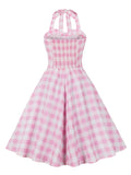 Sweetheart Neckline Halter Retro Evening Women Vintage Dress Button Front Pink Plaid Patchwork Backless Dress