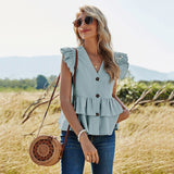 Solid Color Casual Sleeveless Single-breasted Shirt Women V-neck Blouse Tank Top