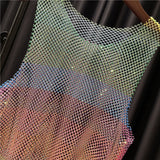 Bright Diamond Rainbow Vest Hollow Color Rhinestones See-through Mesh Shirt Women Neon Y2K Tank  Top