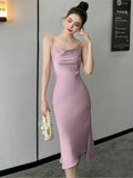 New Women Spaghetti Strap Satin Midi Dress Elegant Sexy Bodycon Party Prom One Piece