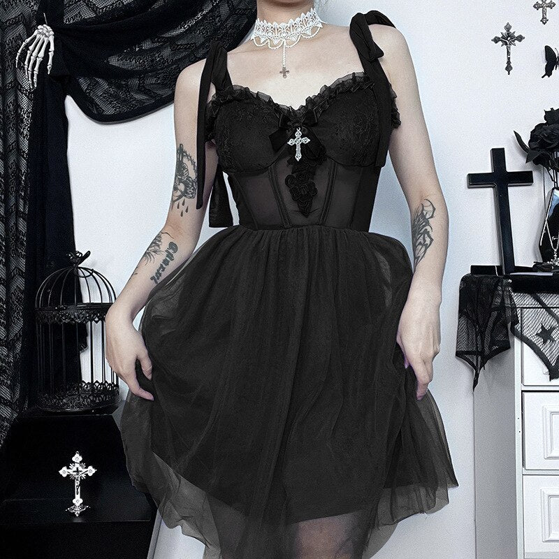 Gothic Y2K Dark Mesh Corset Mini Dress Elf Girl Backless Slim Sexy E-Girl Darkness Street Grunge Tank Dress
