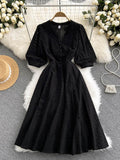 Vintage Cutwork Embroidery Dress Collared V Neck Short Puff Sleeve Summer Midi Dress