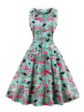 Flamingo Print High Waist Pinup Retro Dress S to 4XL 95% Cotton Women O-Neck Sleeveless Summer 50s Vintage Dresses