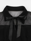 Turn-Down Collar Bow Front Mesh 3/4 Length Sleeve Spring Vacation Beach Elegant A-Line Mini Dress