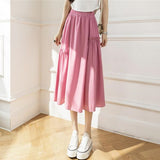 Fashion Bohemian Long Elegant Holiday Summer Casual High Elastic Waist Solid Color White Pink Retro Skirt