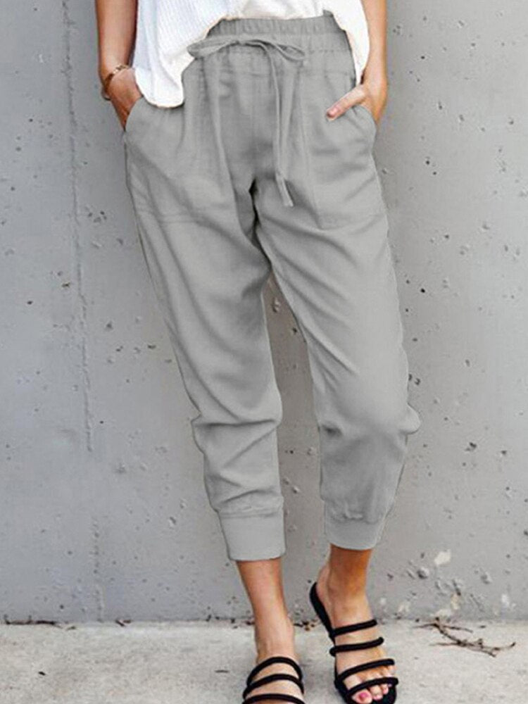 Women Cotton and Linen Solid Color Simple Lace Casual Slim Pockets Pencil Pants