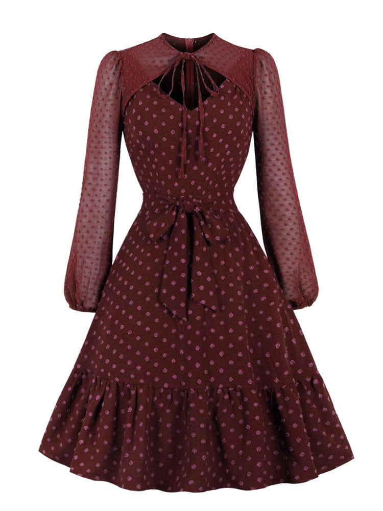 Tie Neck Cut Out Front Bishop Sleeve Swiss Dot Beach Outfits Belted A-Line Party Elegant Dresses