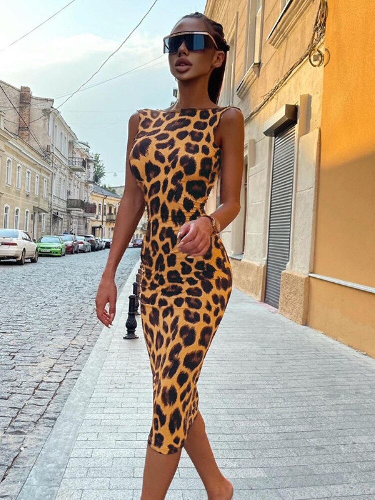 Temperament Leopard Vest Backless Long Ladies Tight Skirt Inside Dress