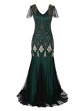 Beaded and Sequin 1920s Vintage Long Dresses for Women V-Neck Mesh Sleeve Evening Party Cocktail Elegant Flapper Dress