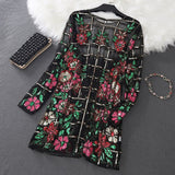 Sexy Transparent Bead Work Mesh Women Embroidery Flower T Shirts Long Sleeve Long Sequined Tops