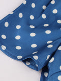 Women Blue Vintage Button Up Shirt V-Neck Short Sleeve Polka Dot Tops Summer Retro Style Slim Shirts