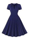 V-Neck Keyhole High Waist Solid 40s 50s Swing Dresses for Women Short Sleeve Cocktail Elegant Prom Party Vintage Dress