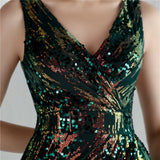 New Women V-neck Sleeveless Formal Evening Gown Sexy High Slit Sequins Long Party Dress