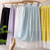 Women Lace Patchwork Pleated Sweet Solid Elastic High Waist Elegant Skirt Streetwear