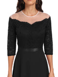 See Through Mesh Elegant Lace and Chiffon Vintage Dress 3/4 Length Sleeve Evening Formal Occasion Women Midi Dresses