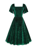 Dotted Velvet Green Elegant Party Christmas Winter Dresses for Women Square Neck Ruffle Sleeve Vintage Midi Swing Dress