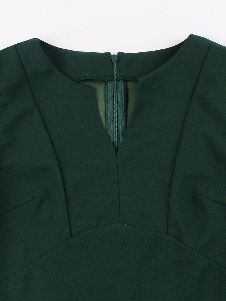 Notch Neck High Waist Vintage Style Sleeveless Plain Green Solid Summer Swing Dress