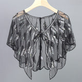 Retro 1920s Beaded Sequin Shawl Vintage Flapper Evening Cape Sheer Mesh Embroidery Leaf Women Bolero Party Accessories