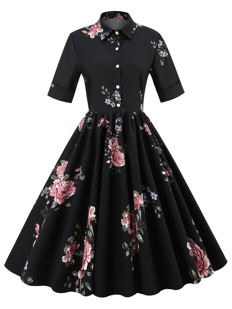 Turn Down Collar Button Up Floral Print Vintage Birthday Women Elegant 50s Pinup Pleated Gorgeous Dresses