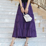 Spring Women Cotton Long A-Line Elastic High Waist Maxi Elegant Solid Pleated Skirt Outwear