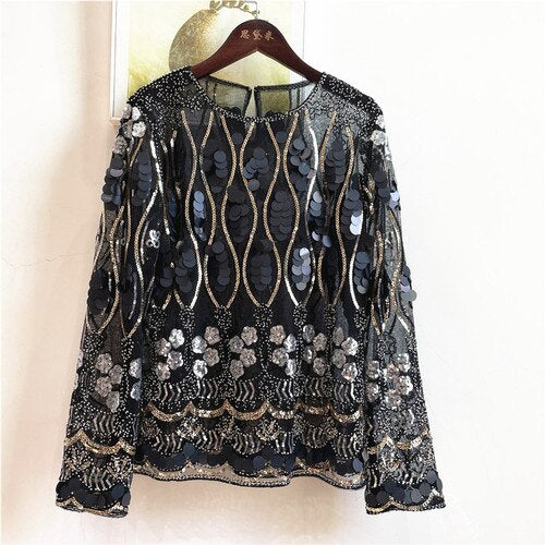 Women Vintage Heavy Industry Pearl Beads Embroidered Flower Round Sequins Long Sleeve Black Beige Pink T-shirt