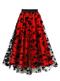 Vintage Floral Flocking Mesh Long Skirt for Women Elastic Waist Elegant Summer Pleated Flare Skirts