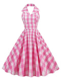 Pink Plaid Print Halter Neck Evening Party Birthday Dresses for Women Backless High Waist Rockabilly Vintage Dress