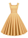 Square Neck Yellow Corduroy Women High Waist Vintage 50s Tank Sleeveless Elegant Pocket Summer Ladies Midi Dresses