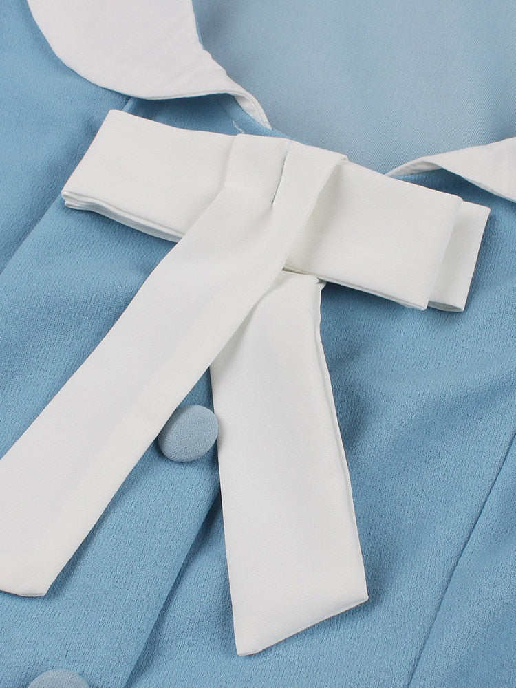 Light Blue Contrast Collar and Cuff Bow Front Knee Length A-Line Elegant Women Single-Breasted Vintage Dress