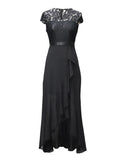 V-Neck Vintage Lace and Mesh Ruffles Long Dresses for Women Cap Sleeve Evening Party Elegant High Low Hem Maxi Dress