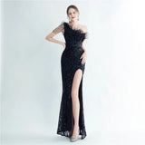 Elegant Slash Neck Feather Sequin Evening Women Beading Long Party Maxi Dress