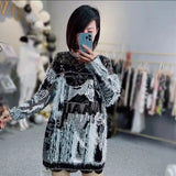 Luxury Rhinestone Sweater Sequins Fringed Knit Hollow Beaded Faux Fur Tops Loose Casual Lazy Style O Neck Blouse