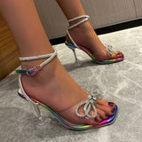 Rhinestone Bowknot Stiletto High Heels Sandals Crystal Cross Strap Party Wedding Shoes Woman Clear Heel Sandalias