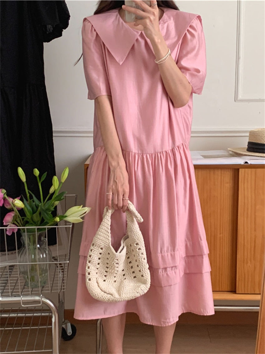 Loose Women Mid-Length Dress Casual All Match Chic Summer Solid New Normcore Office Lady High Waist Elegant Vestidos