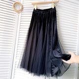 New Women Velvet Patchwork A-Line Tutu Sweet Solid Mesh Elastic High Waist Elegant Pleated Skirt