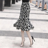 Summer Vintage Polka Dot Long Women High Waist Midi Skirt Ladies Black Chiffon Office Trumpet Skirt
