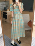 Vintage Long Plaid Summer Stylish New Women Short Sleeve Slim Office Lady Casual High Waist Work Wear Dress