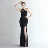 Formal Evening New Mermaid One Shoulder High Slit Zipper Back Sleeveless Long Prom Dress