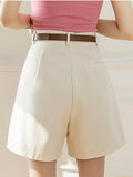 Women High-Waisted Casual Loose A-line Wide Leg Belt Straight Shorts Cargo Pants