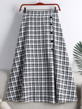 Summer Women Elastic High Waist Elegant Vintage Plaid Check Skirt Front Buttons Casual A Line Midi Skirt