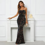 Backless Black Sequin Sexy Bar Long Party Evening Dresses Luxury Velvet Stretch Off Shoulder Cocktail Prom Dress