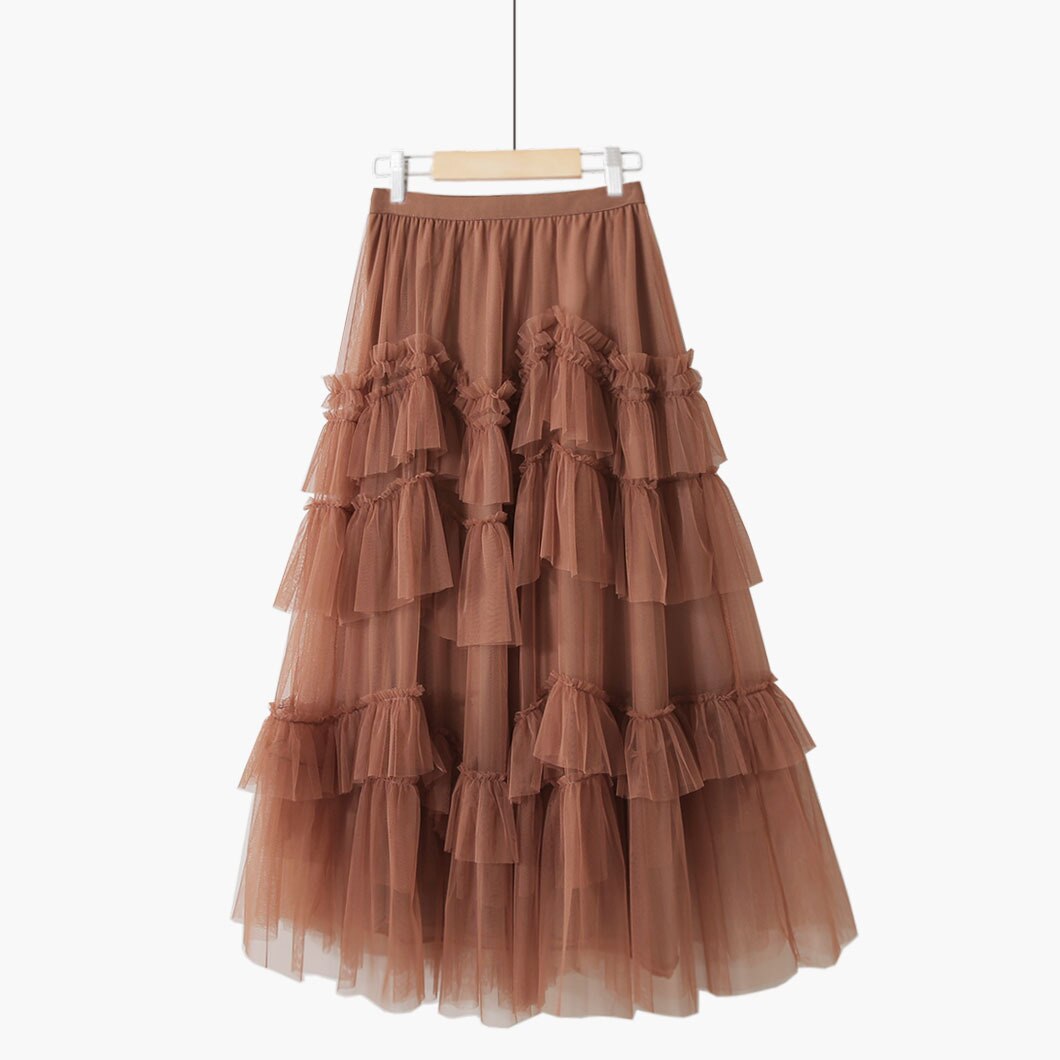 Spring Women Wavy Elastic High Waist A-Line Mesh Solid Patchwork Irregular Skirts Elegant Outwear