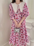 Pink Loose Women Peter Pan Collar High Waist Slim Florals New All Match Streetwear Sweet Casual Dress